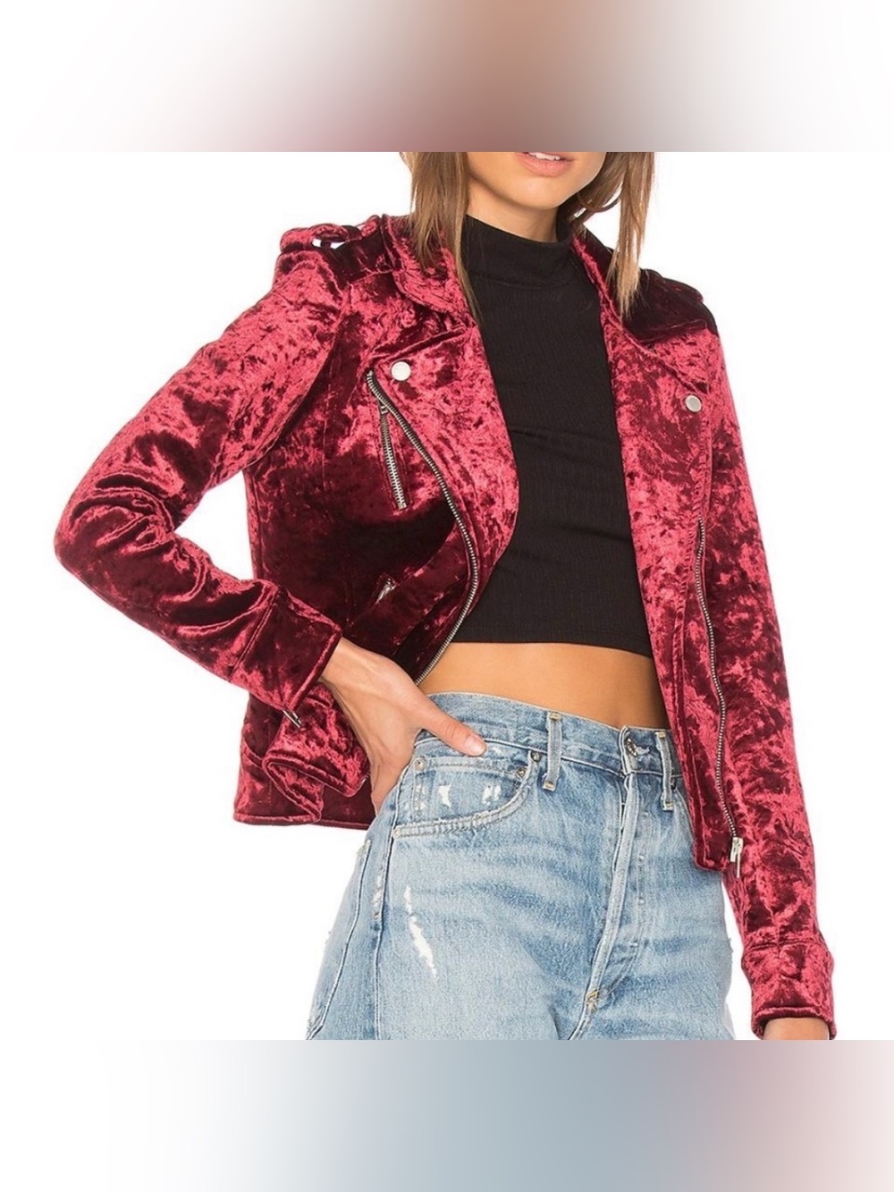 [BLANKNYC] NWOT Crushed Velvet Cropped Asymmetrical Moto Jacket Deep Merlot - M - Picture 6 of 15